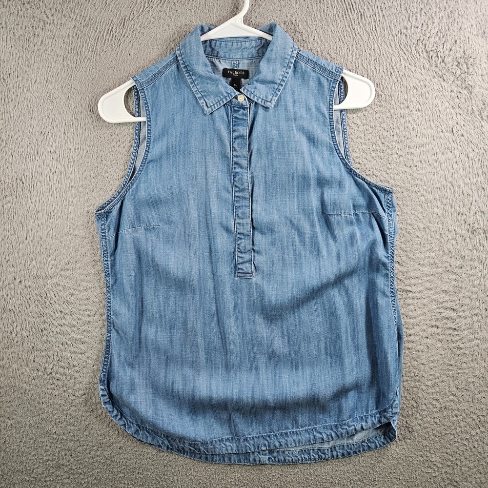 Talbots Sleeveless Denim Shirt Top‎ Women Medium Petite 1/2 Button Blue